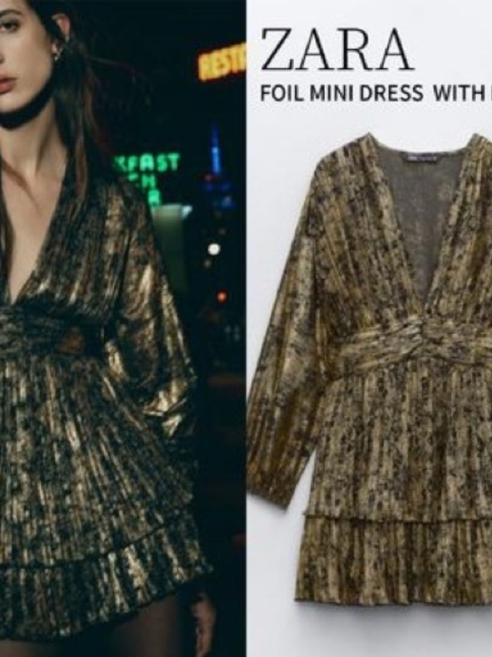 ZARA Metallic Gold Foil V-Neck Mini Dress